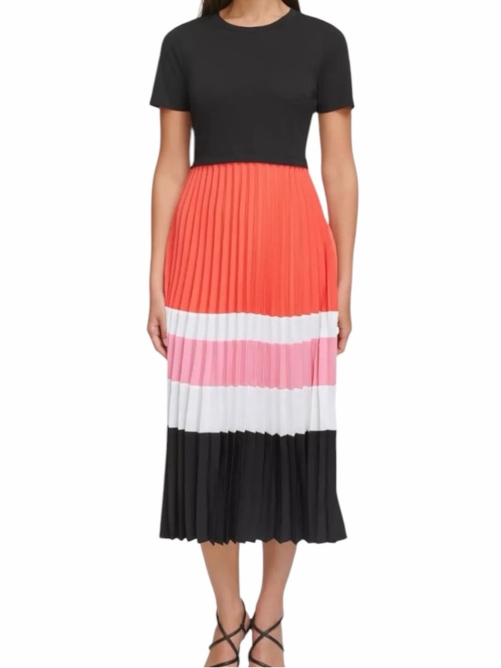 Karl Lagerfeld Paris Pleated Colorblock Midi Dress in Coral, Pink & Black 6